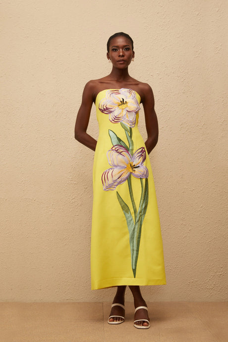 Adrianna Midi Dress Sequin Embroidered Off-Shoulder in Yellow