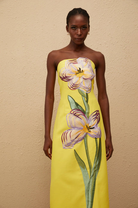 Adrianna Midi Dress Sequin Embroidered Off-Shoulder in Yellow