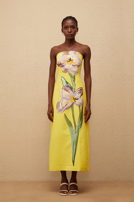 Adrianna Midi Dress Sequin Embroidered Off-Shoulder in Yellow