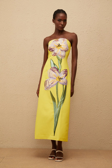 Adrianna Midi Dress Sequin Embroidered Off-Shoulder in Yellow