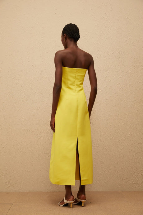 Adrianna Midi Dress Sequin Embroidered Off-Shoulder in Yellow