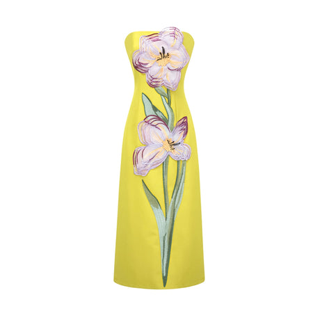 Adrianna Midi Dress Sequin Embroidered Off-Shoulder in Yellow