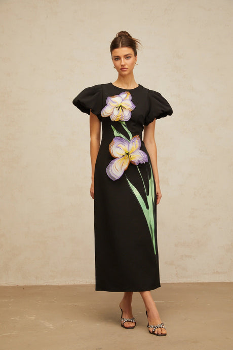 Elisabetta midi dress sequined floral-embroidered in Black