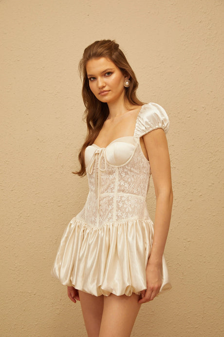 Anita Mini Dress White Lace Panel Satin