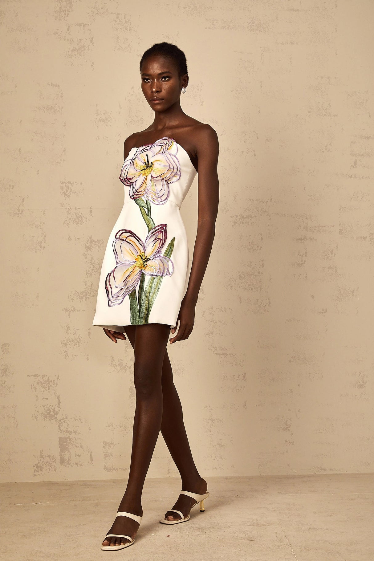 Irène White OffShoulder Sequin Floral Embroidered Mini Dress