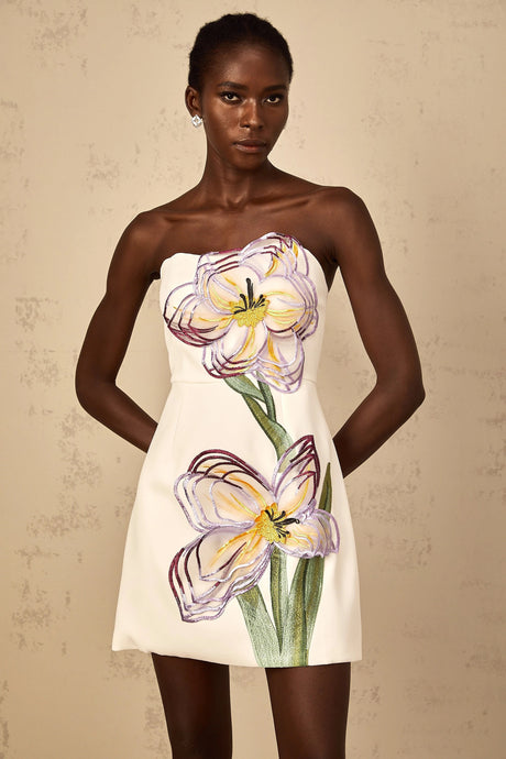 Franca Mini Dress White Off-Shoulder Sequin Floral Embroidered