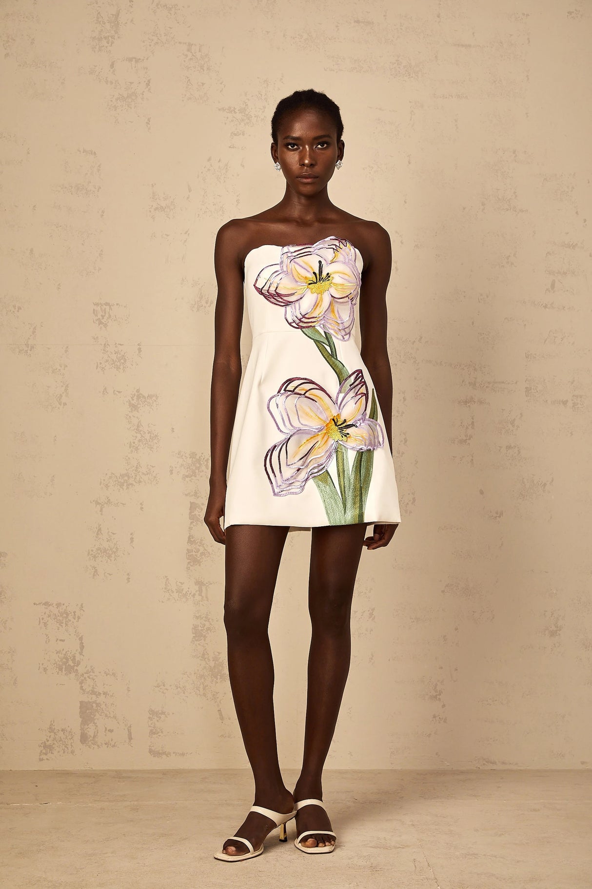 Irène White OffShoulder Sequin Floral Embroidered Mini Dress