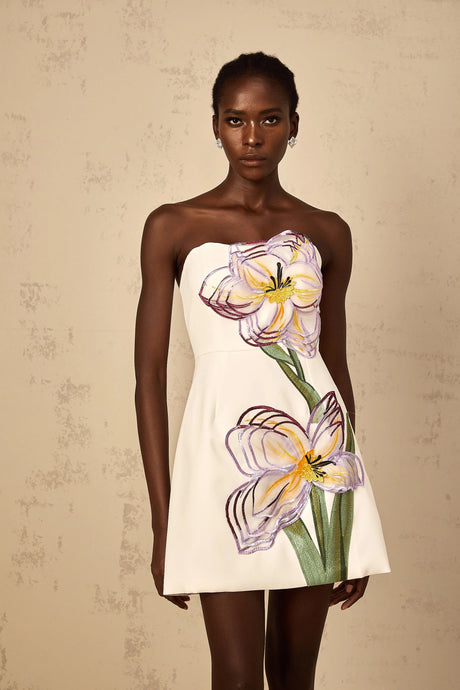 Franca Mini Dress White Off-Shoulder Sequin Floral Embroidered
