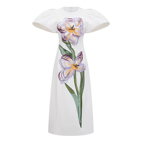 Veronica Midi Dress White Sequin Floral Embroidered