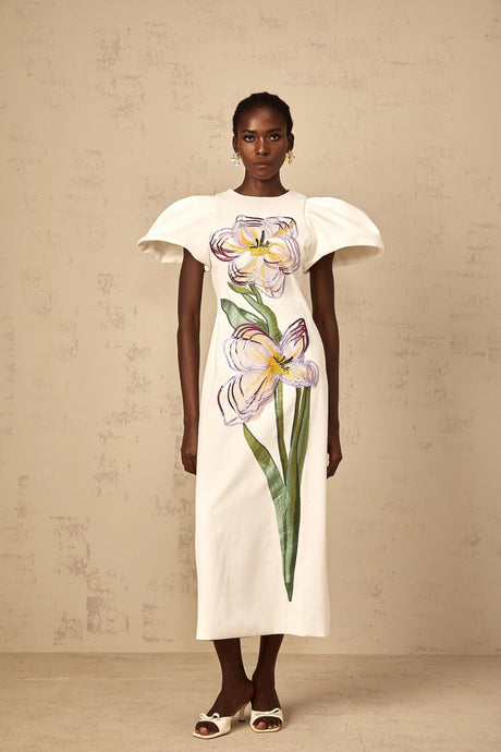 Veronica Midi Dress White Sequin Floral Embroidered