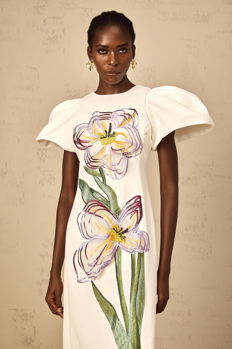 Veronica Midi Dress White Sequin Floral Embroidered