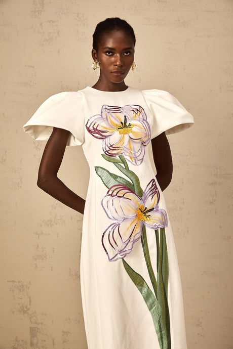 Veronica Midi Dress White Sequin Floral Embroidered