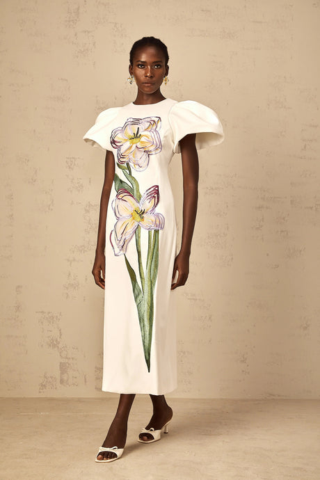 Veronica Midi Dress White Sequin Floral Embroidered