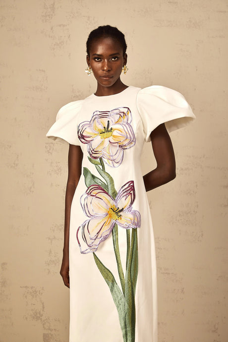Veronica Midi Dress White Sequin Floral Embroidered