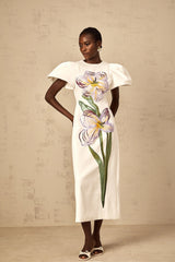 Irène White Sequin Floral Embroidered Midi Dress