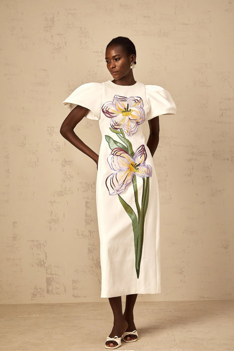 Veronica Midi Dress White Sequin Floral Embroidered