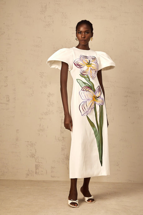 Veronica Midi Dress White Sequin Floral Embroidered