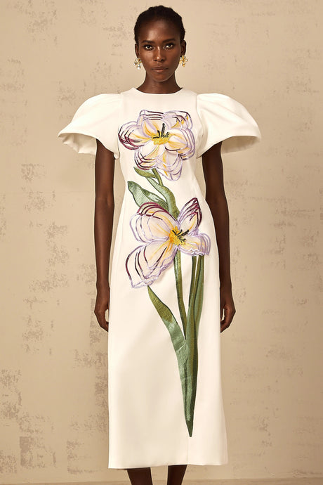 Veronica Midi Dress White Sequin Floral Embroidered