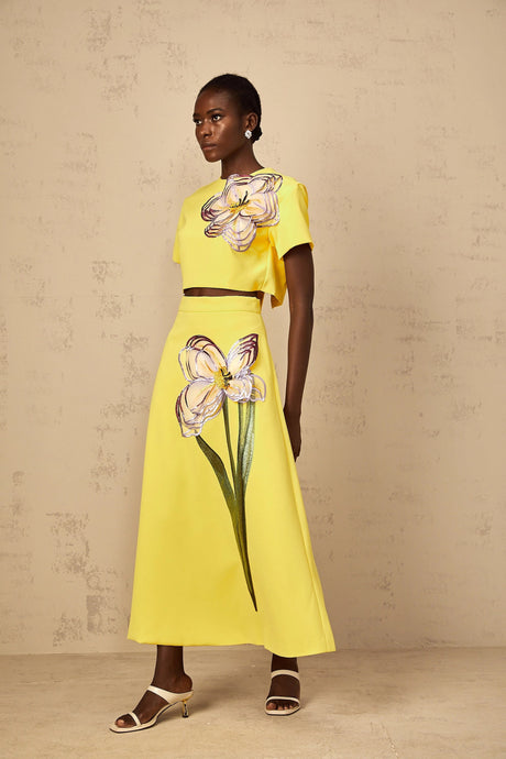 Domenica Yellow Sequin Floral Embroidered Matching Set