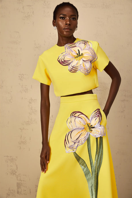 Domenica Yellow Sequin Floral Embroidered Matching Set
