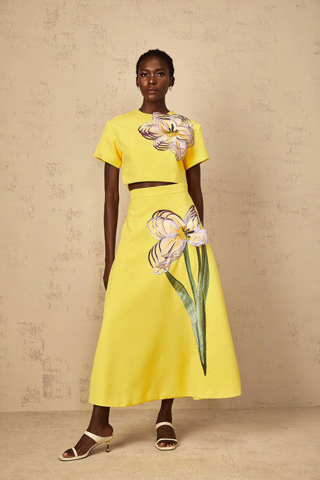 Domenica Yellow Sequin Floral Embroidered Matching Set