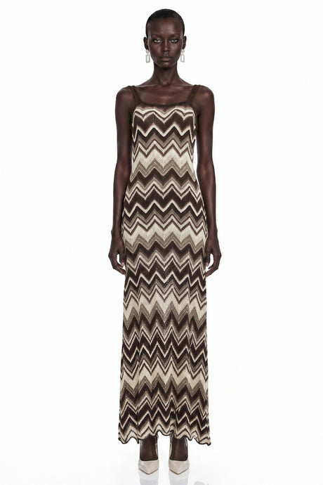 Celestina Maxi Dress Brown Zigzag Weave Pointelle Knit