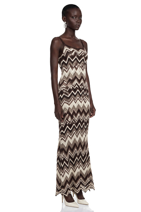 Celestina Maxi Dress Brown Zigzag Weave Pointelle Knit