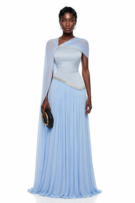 Alma Maxi Dress Blue Embellished Asymmetrical with Cape