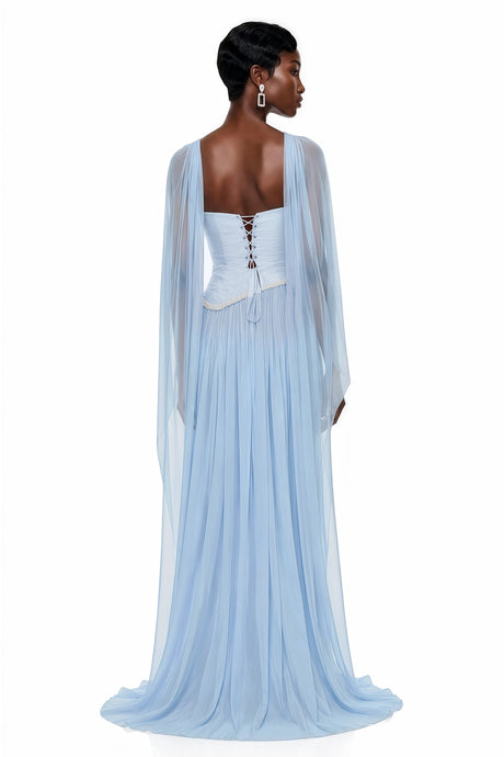 Alma Maxi Dress Blue Embellished Asymmetrical with Cape
