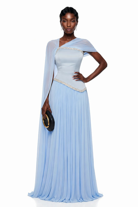 Alma Maxi Dress Blue Embellished Asymmetrical with Cape
