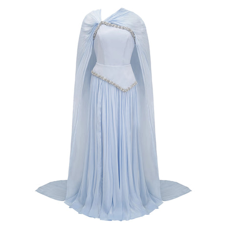 Alma Maxi Dress Blue Embellished Asymmetrical with Cape