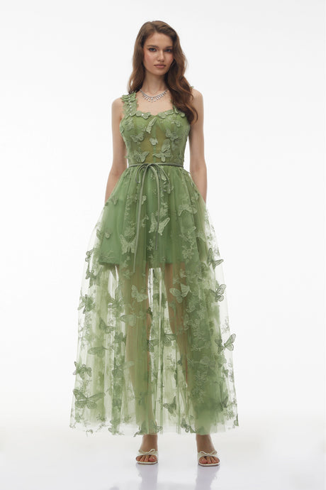 Trinity Maxi Dress Sage Green Tulle with 3D Florals