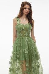 Iris Sage Green Tulle Maxi Dress with 3D Florals