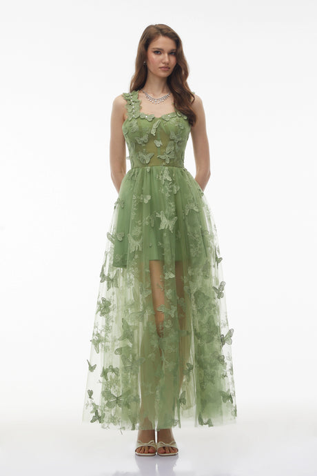 Trinity Maxi Dress Sage Green Tulle with 3D Florals