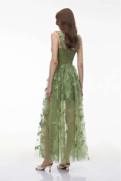 Trinity Maxi Dress Sage Green Tulle with 3D Florals