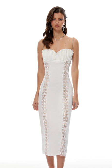 Jocelyn Midi Dress White Shell Pleated Satin