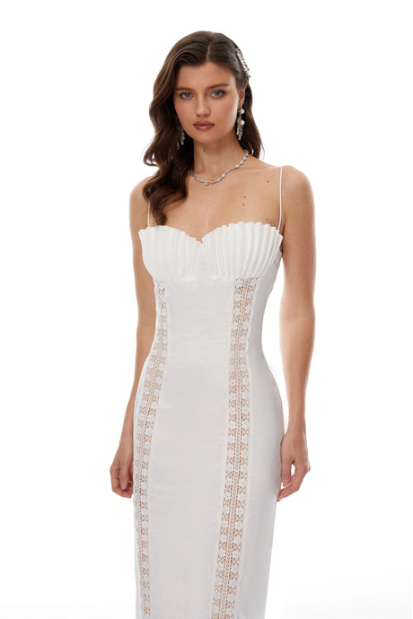 Jocelyn Midi Dress White Shell Pleated Satin
