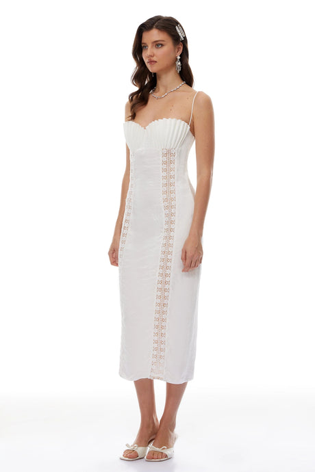 Jocelyn Midi Dress White Shell Pleated Satin