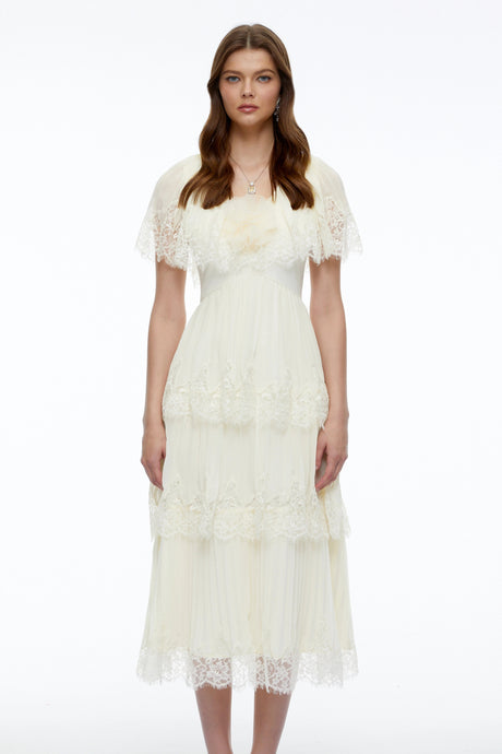 Giada Midi Dress Beige Lace with Cape Sleeves