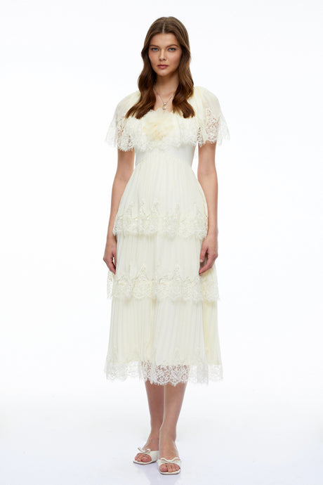Giada Midi Dress Beige Lace with Cape Sleeves