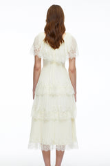 Isabeau Beige Lace Midi Dress with Cape Sleeves