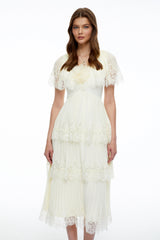 Isabeau Beige Lace Midi Dress with Cape Sleeves