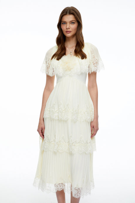 Giada Midi Dress Beige Lace with Cape Sleeves