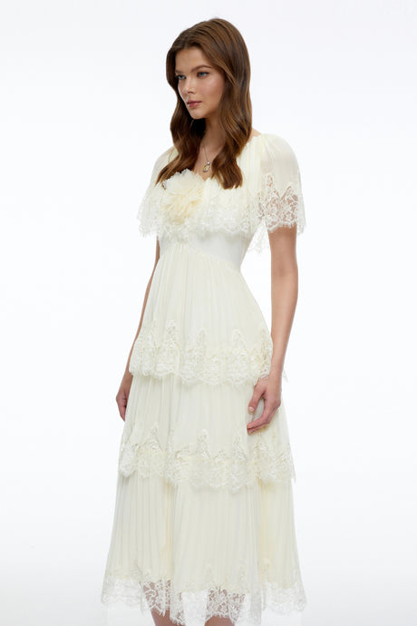 Giada Midi Dress Beige Lace with Cape Sleeves
