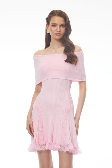 Harmony Mini Dress Pink Off Shoulder with Lace Details