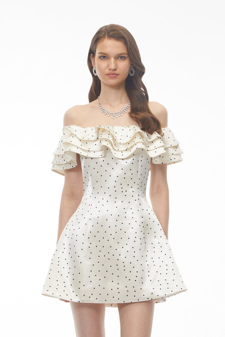 Valeria Mini Dress White Off Shoulder Polka Dot Ruffled