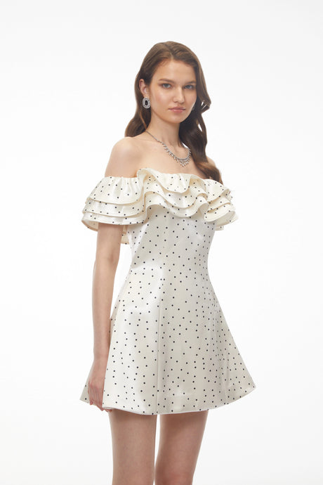 Valeria Mini Dress White Off Shoulder Polka Dot Ruffled