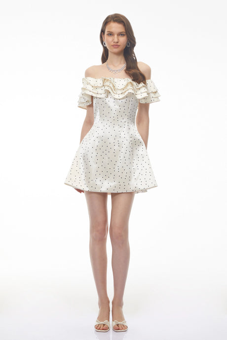 Valeria Mini Dress White Off Shoulder Polka Dot Ruffled