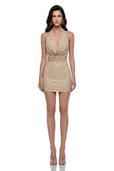Isabelle Champagne Cowl Neck Rhinestone Mini Dress