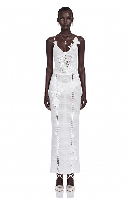 Madeline Maxi Dress White Knit with 3D Florals